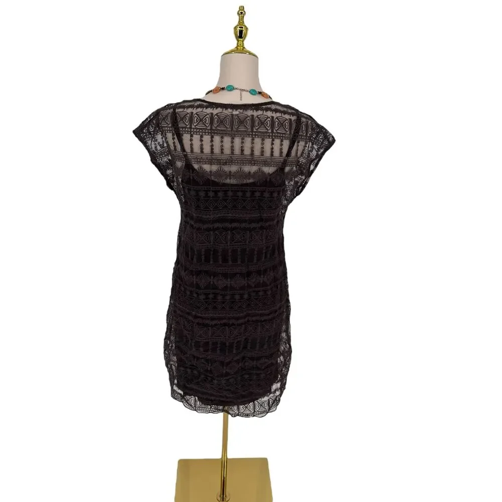 Garnet Hill Lace Dress 4 Brown Taupe Embroidered Lined Shift Slip Scalloped Hem - Picture 12 of 14
